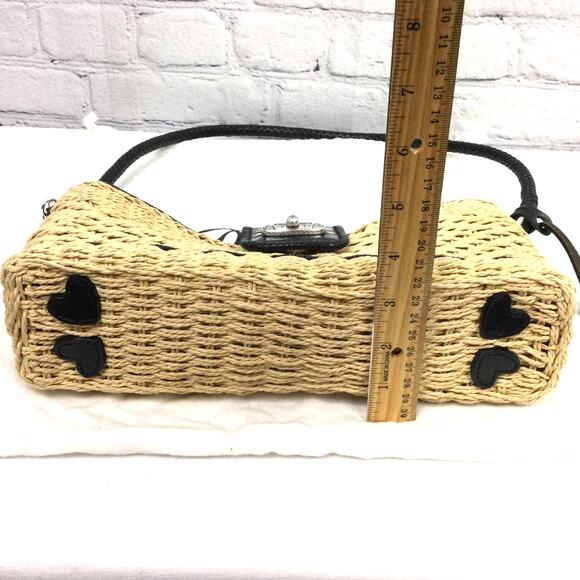 Brighton Cottagecore Cream Woven Straw Black Leather Braided Handle Baguette - Picture 15 of 16